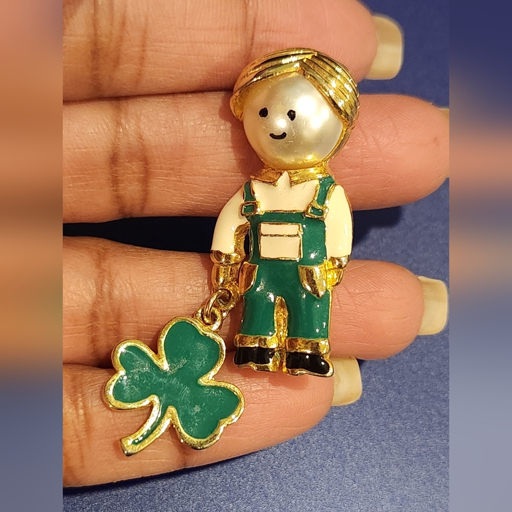 Vintage Gold & Pearl Boy with Clover brooch